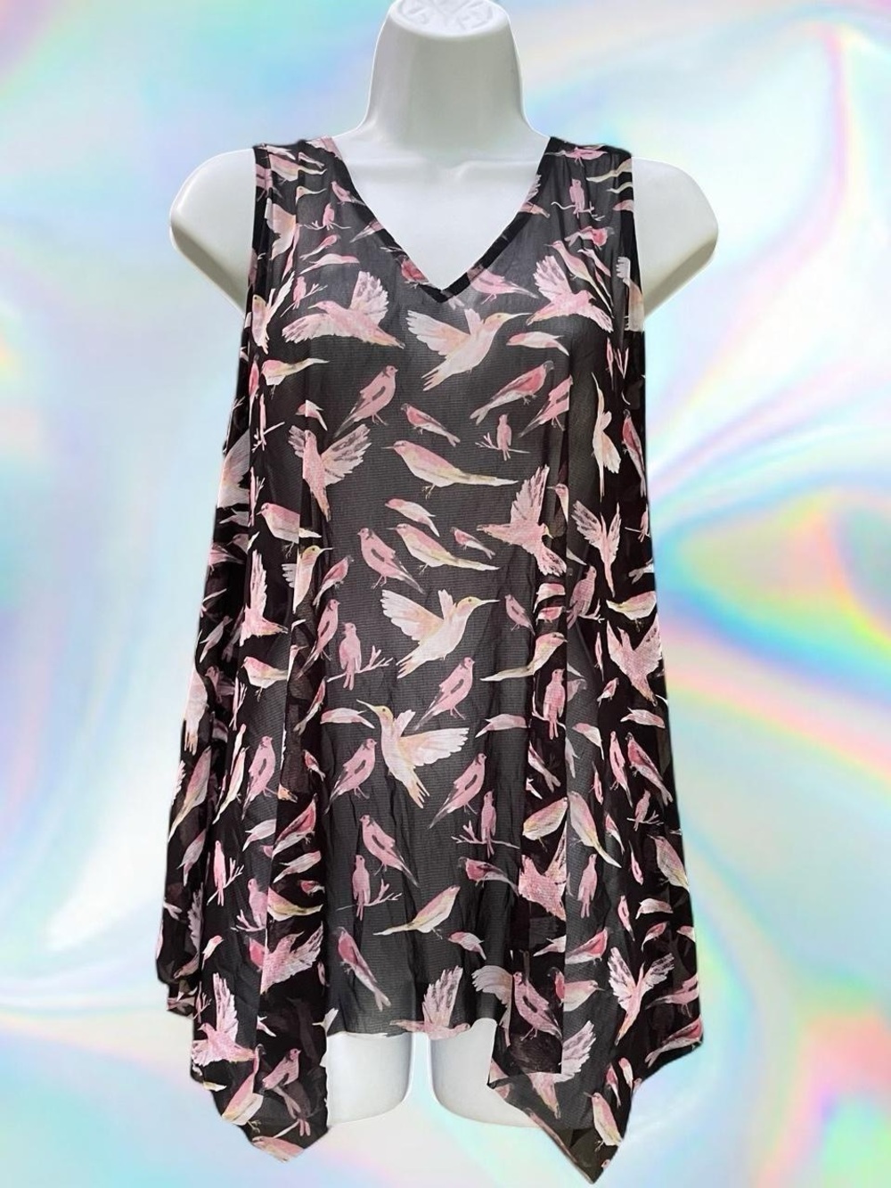 Black & Pink Bird Print V-Neck Sleeveless Top